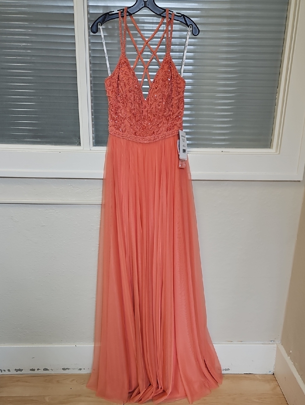 Size 14 Coral w/ beading lattice back tulle Aline by Sherri Hill NWT